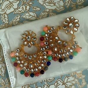 Elegant Multicolor Kundan Indian Pakistani Gold Statement Earrings NEW